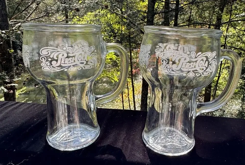 2 Vintage 1970s Pepsi Cola Glass Mug W/Handle White Logo Embossed Bottom EUC